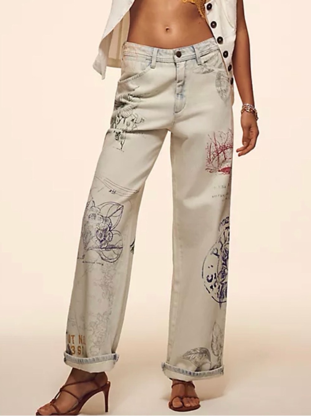 Women's Wide Leg Printed Jeans - Light Beige